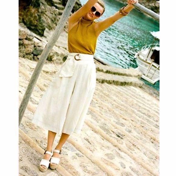 Anthropologie Palm Belt Wide Leg Crop Linen & Cotton Pants Size 12 - Picture 2 of 13